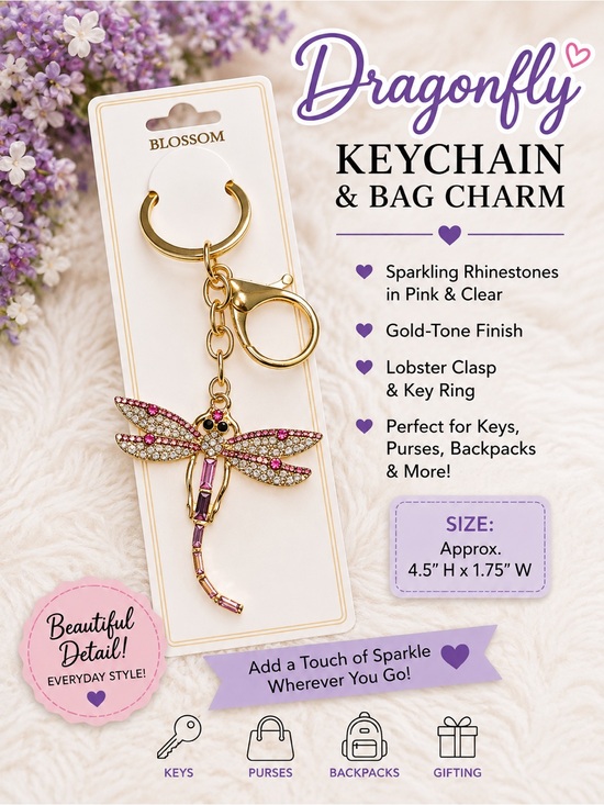 Blossom Accessories - Pink Blossom Gold Dragonfly Key & Card Holder with Pink & Clear Rhinestones